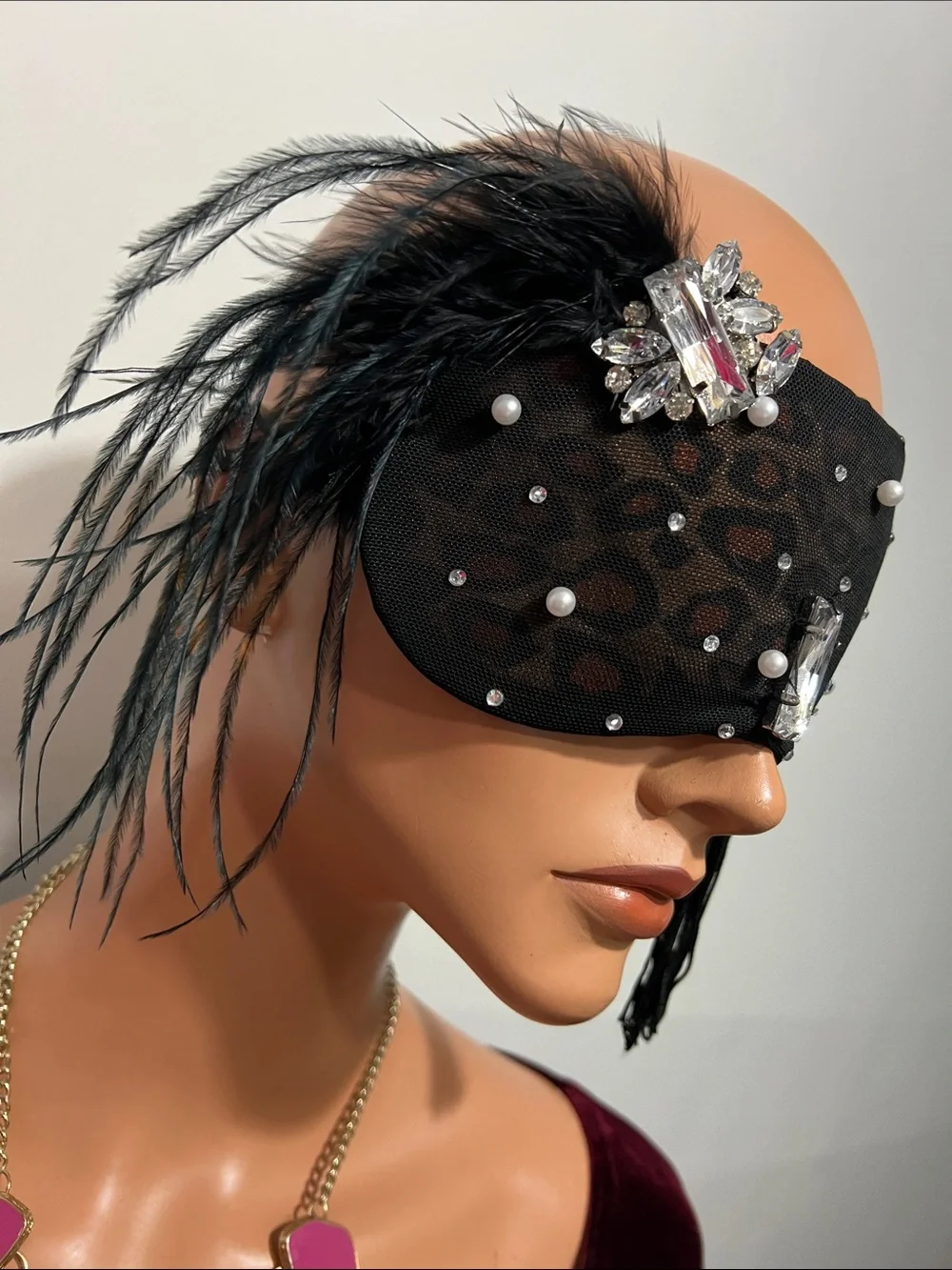 Black Embellished Feathered Masquerade Eye Mask